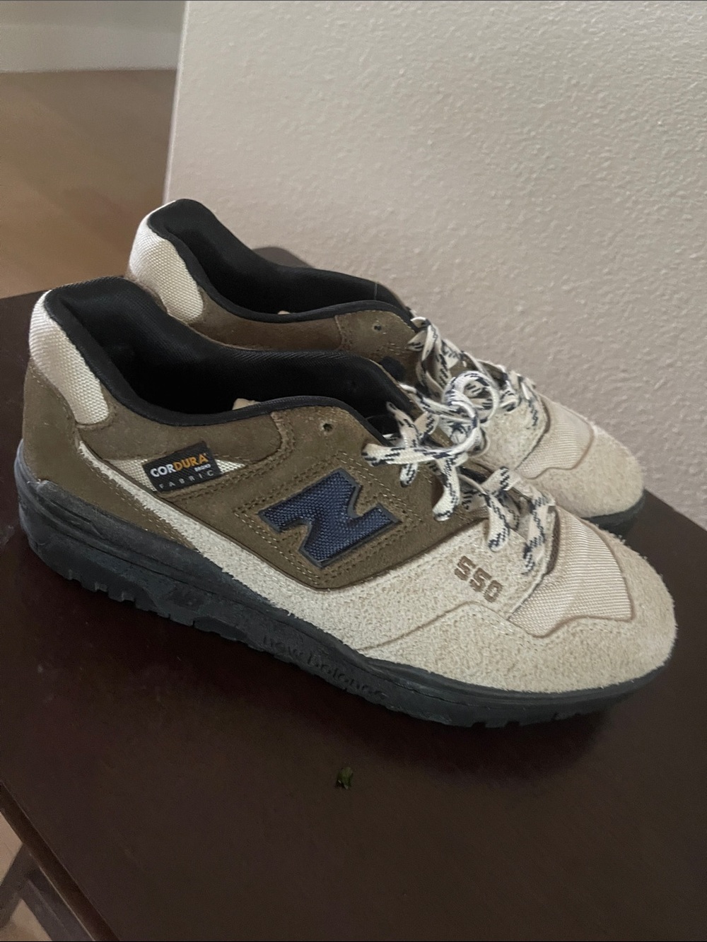 New Balance 550 Men's Beige and Olive Cordura Sneakers with Navy Logo